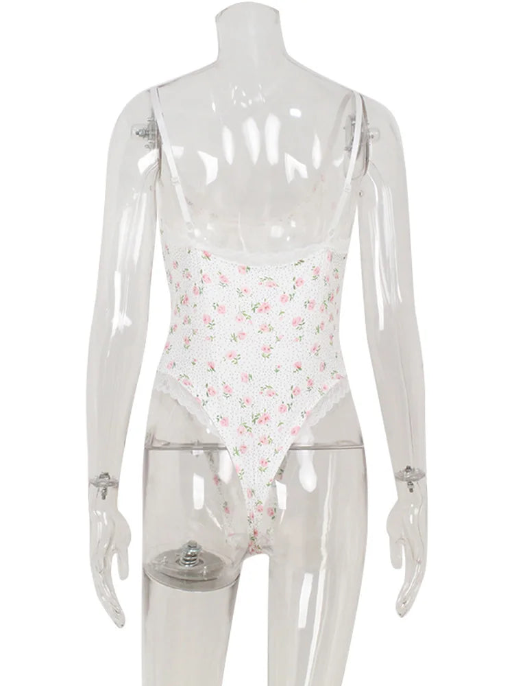 Printed Bodysuit Sleeveless V Neck Romper See Through Top