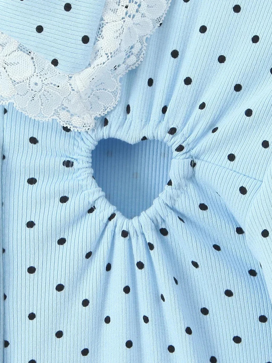 Dreamy Blue Polka Dot Puff Sleeve With Cutout Lace Trim