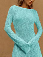 A Line Knit Mini Dress With Slash Neck And Bell Sleeves