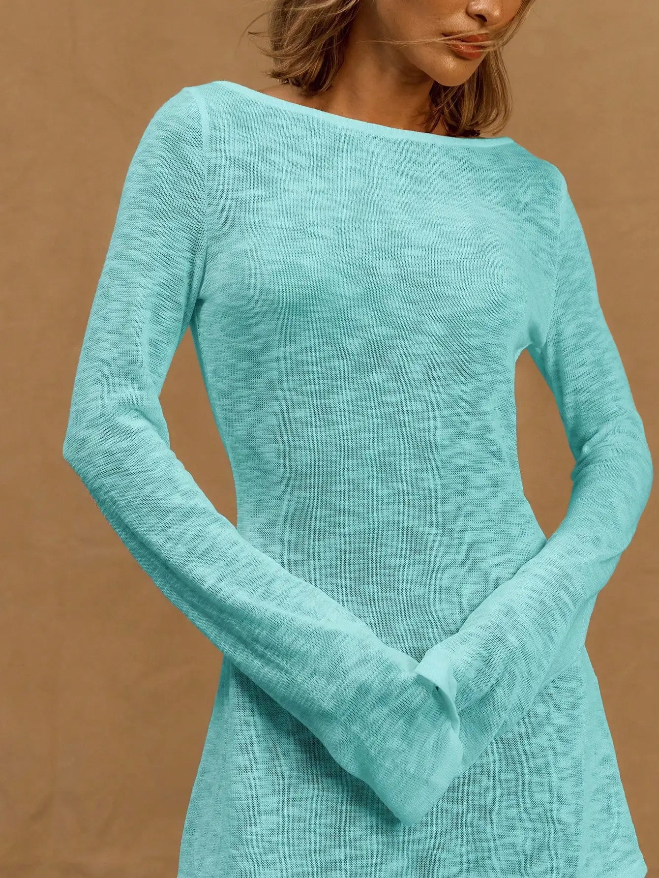 A Line Knit Mini Dress With Slash Neck And Bell Sleeves