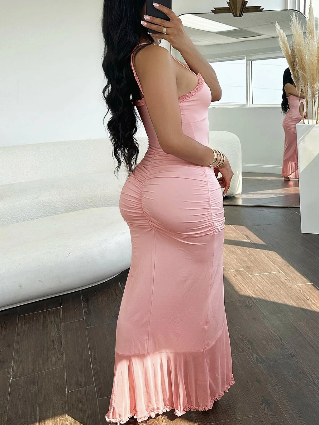 Pink Hollow Solid Color Slit Irregular Suspender Dress