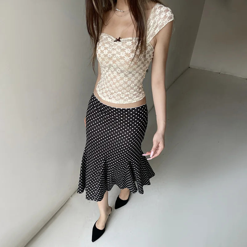 Black Polka Dot Print Midi Skirt With Low Waist Lightweight Knit