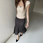 Black Polka Dot Print Midi Skirt With Low Waist Lightweight Knit