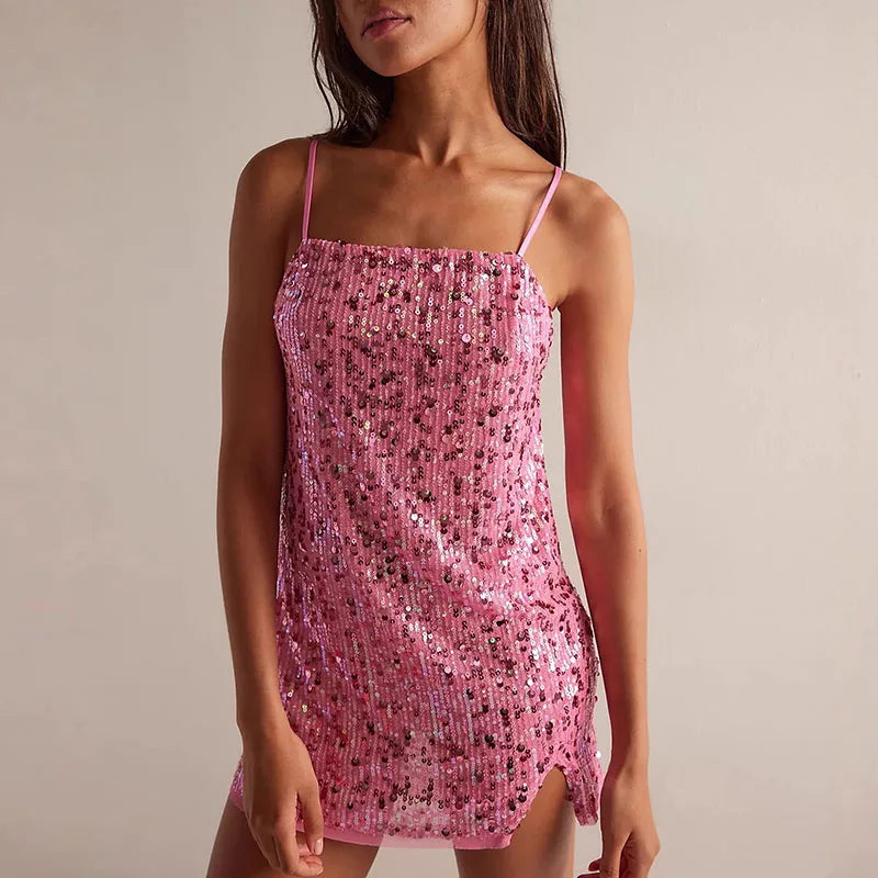 Shimmering Off Shoulder SleevelessHigh Waist Sequin Mini Dress