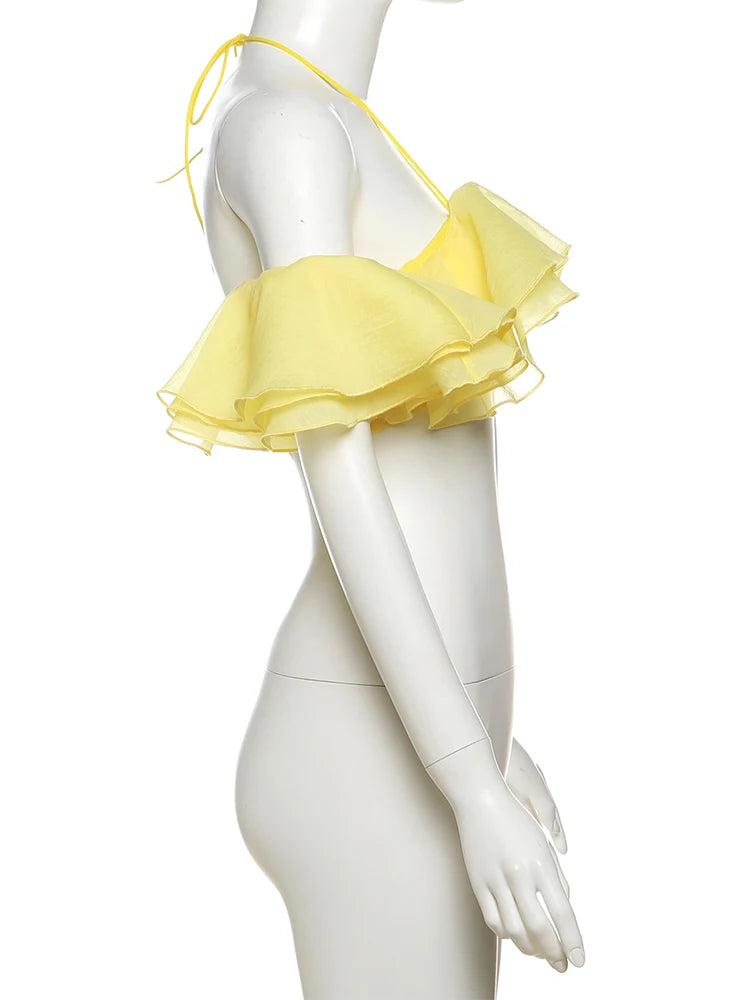Elegant Y2K Sweet Style Ruched Tank Tops+Petal Sleeve Cover Women Lace-Up Halter