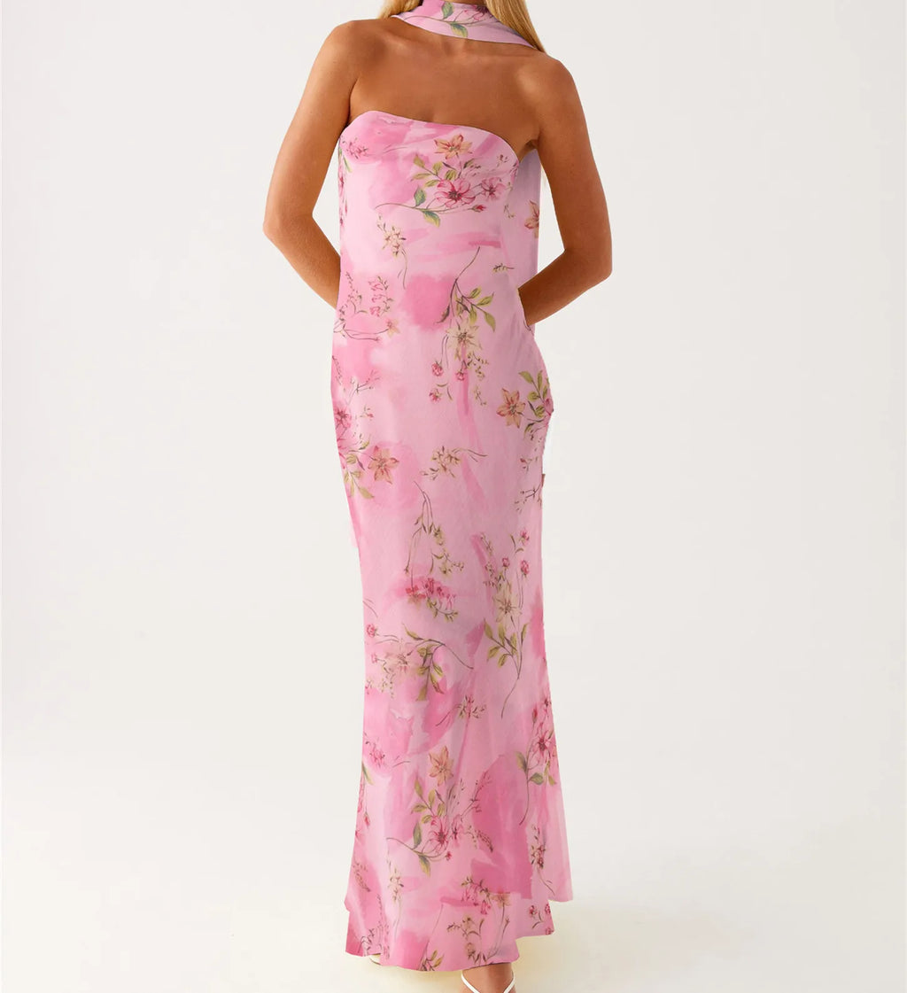 Floral Tube Maxi Dress With Scarf Strapless Backless Mesh Bodycon Sundress