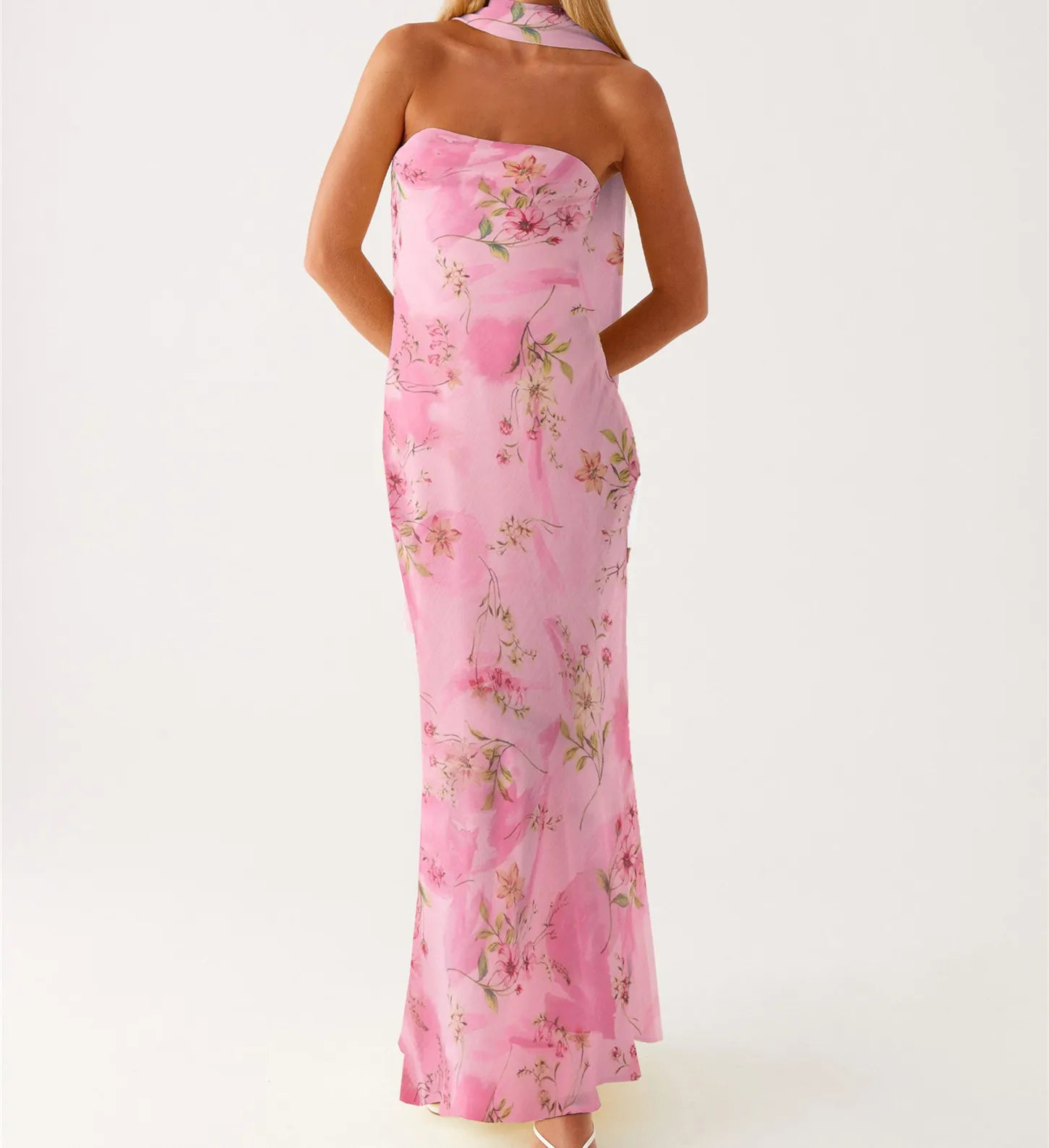 Floral Tube Maxi Dress With Scarf Strapless Backless Mesh Bodycon Sundress
