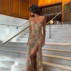 Elegant Floral Spaghetti Strap Maxi Dress With Backless High Split Ruched Silhouette