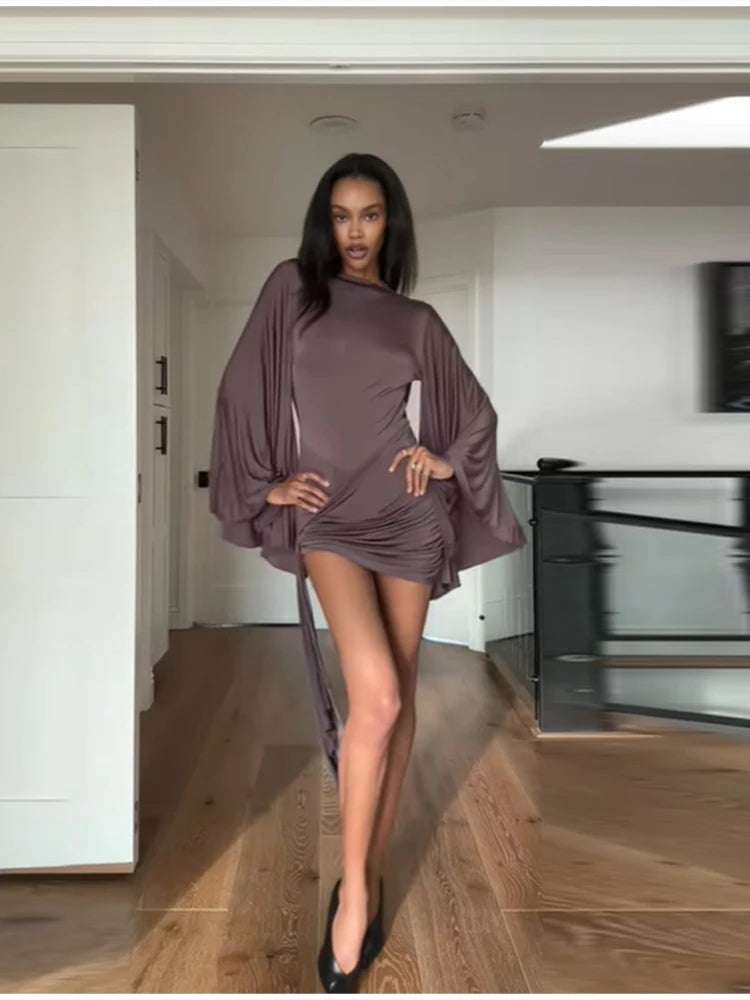 Draped Elegant Romper Batwing Sleeve Ruched Waist Tie