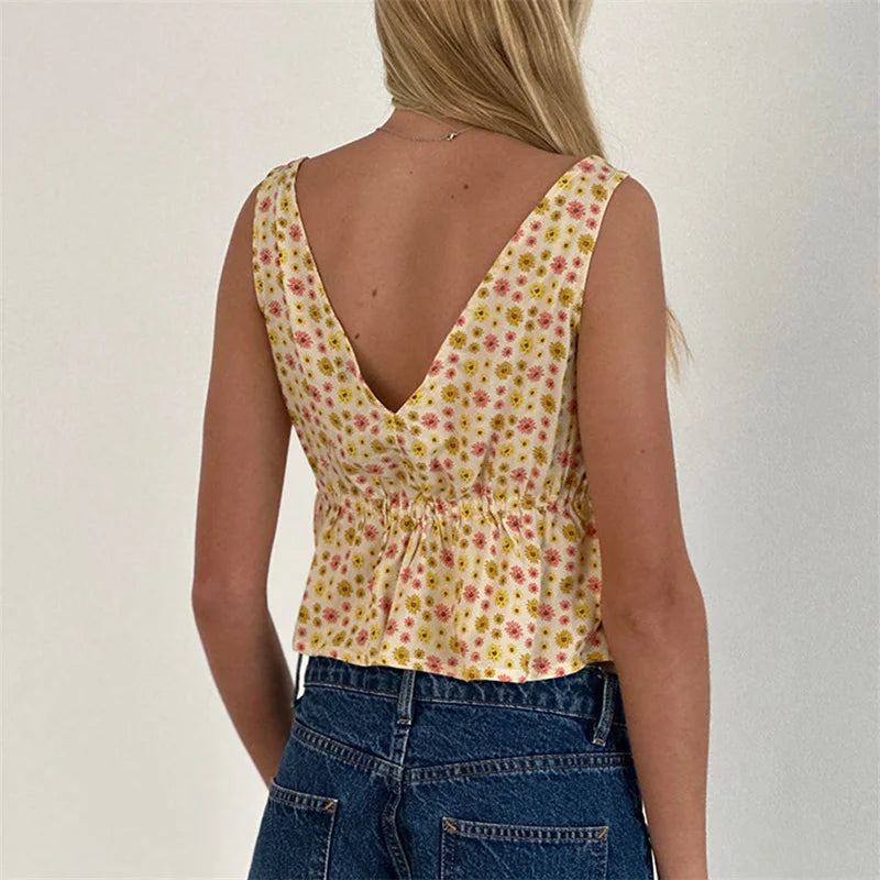 Y2K Floral Print Tie Front Tank Top for Women V Neck Sleeveless