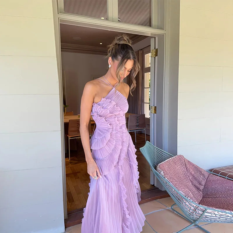 Halter Gown In Chiffon With Backless Ruffles