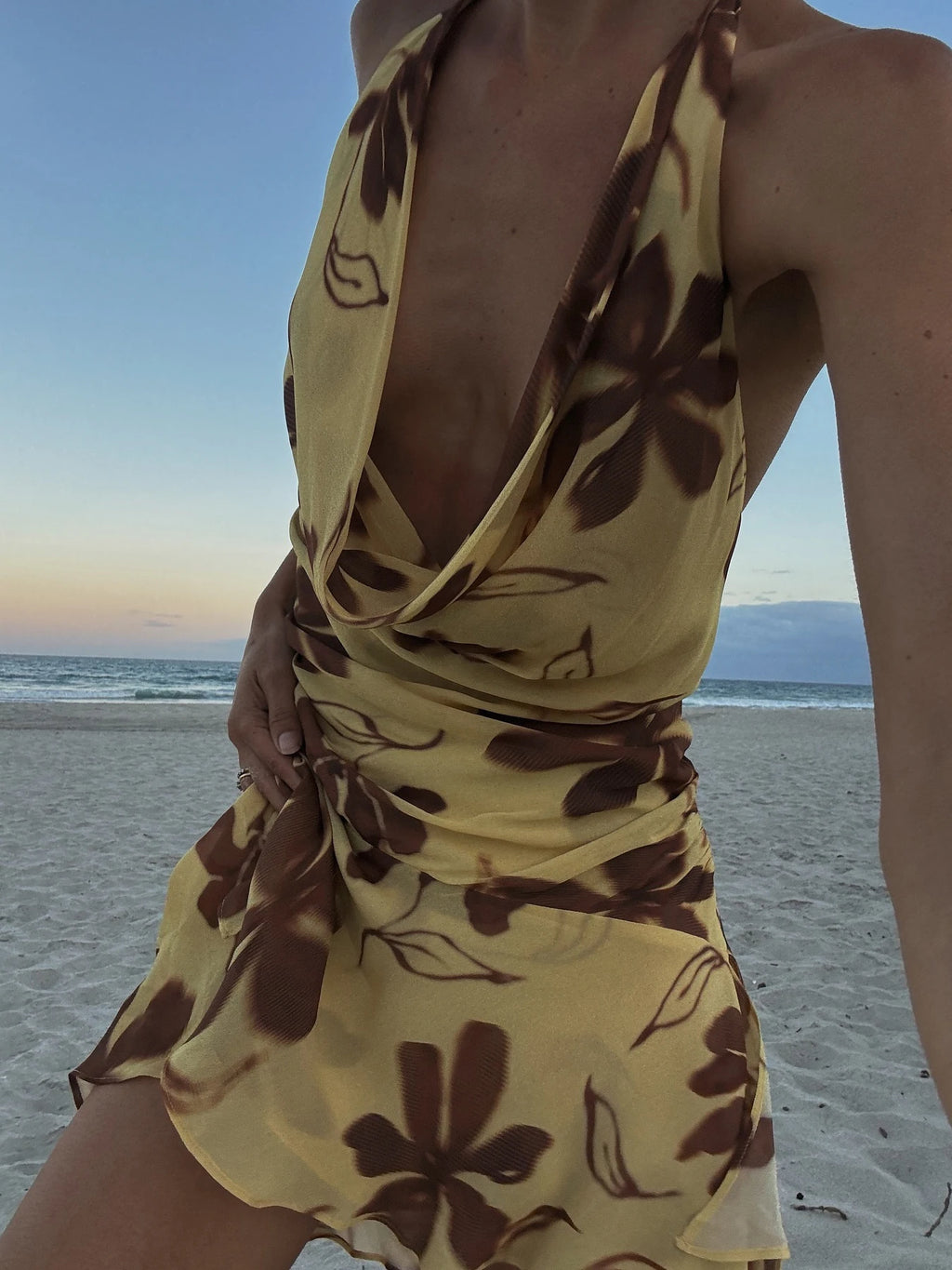 Butter Yellow Printed Lace Up Halter Backless Mini Dress