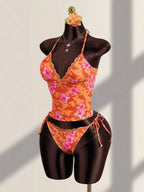 Orange Embellished Tropical Flower Print Two Piece Bikini Set With Lace Trim Halter Neck Tie Side