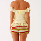 Ruched Ruffle Split Front Crop Top With Off Shoulder Backless