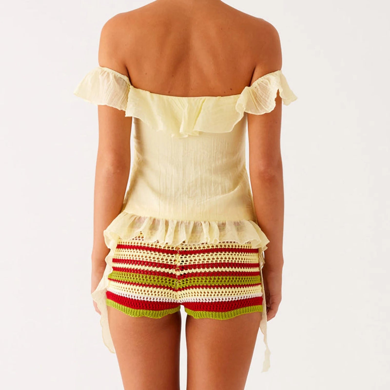 Ruched Ruffle Split Front Crop Top With Off Shoulder Backless