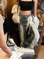 Vintage Lace Bow Patchwork Wide Leg Pants For Women With Grunge Streetwear Vibe Mood