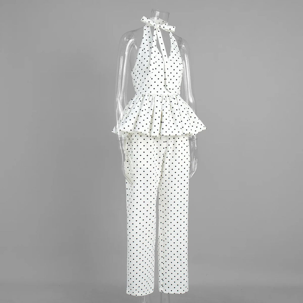 Dot Print Halter Top Set With Wide Leg Pants