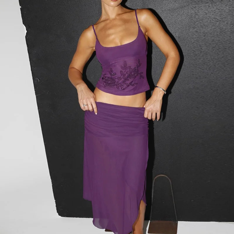 Gleaming Floral Sequin Crop Top And Slit Maxi Skirt Set