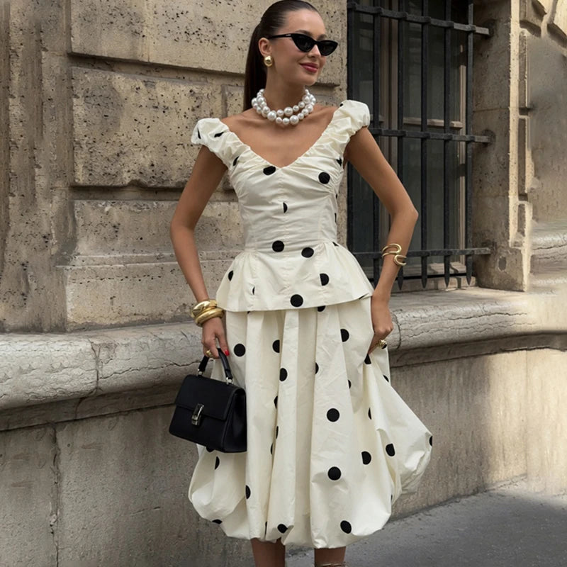 Long Polka Dot Skirt Set With Cropped Puffy Sleeveless Top