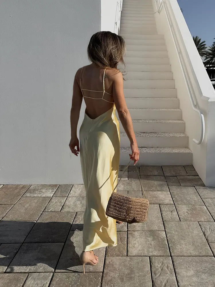 Sling Long Dress With V Neck Backless Elegant Sleeveless