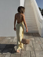 Sling Long Dress With V Neck Backless Elegant Sleeveless