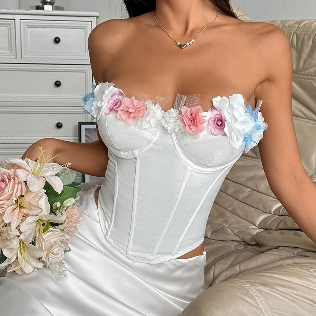 White Off Shoulder Corset Top With Three Dimensional Floral Details