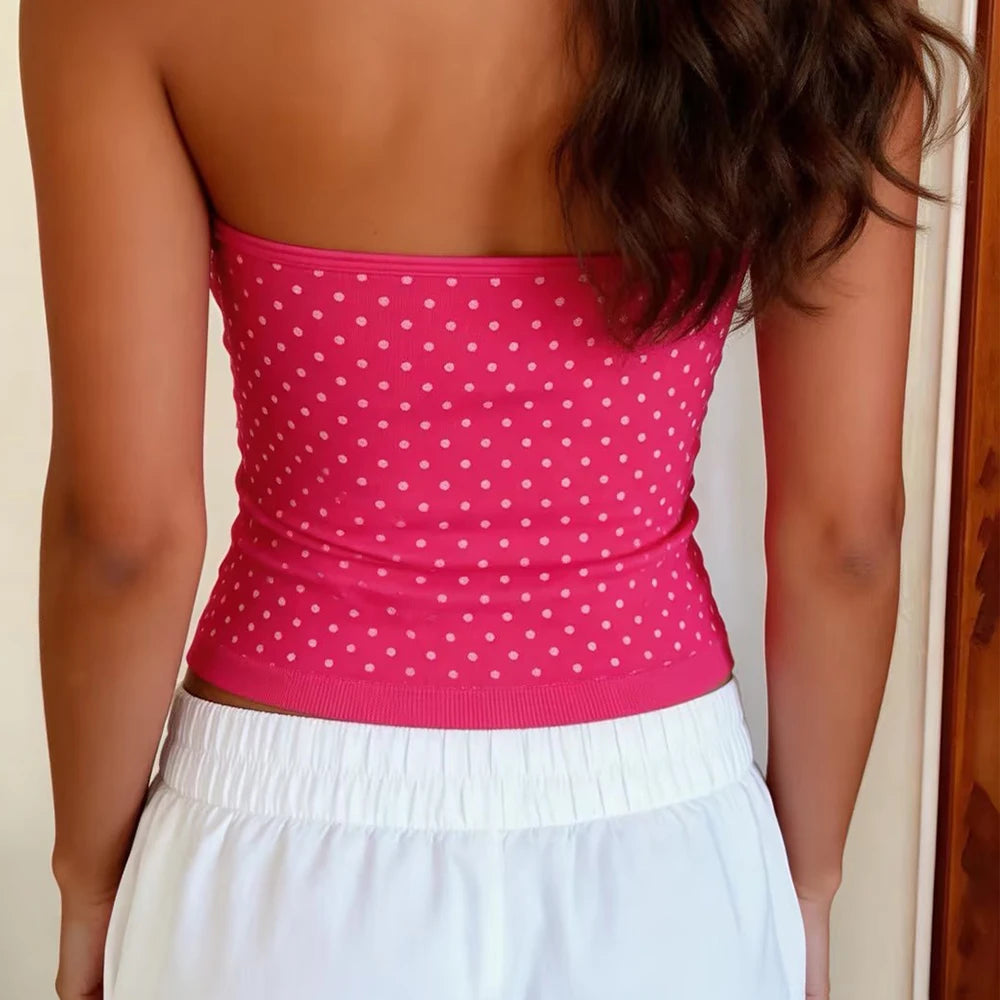 Y2K Coquette Dots Print Tube Top Off Shoulder Backless Sleeveless Bandeau Slim Fit