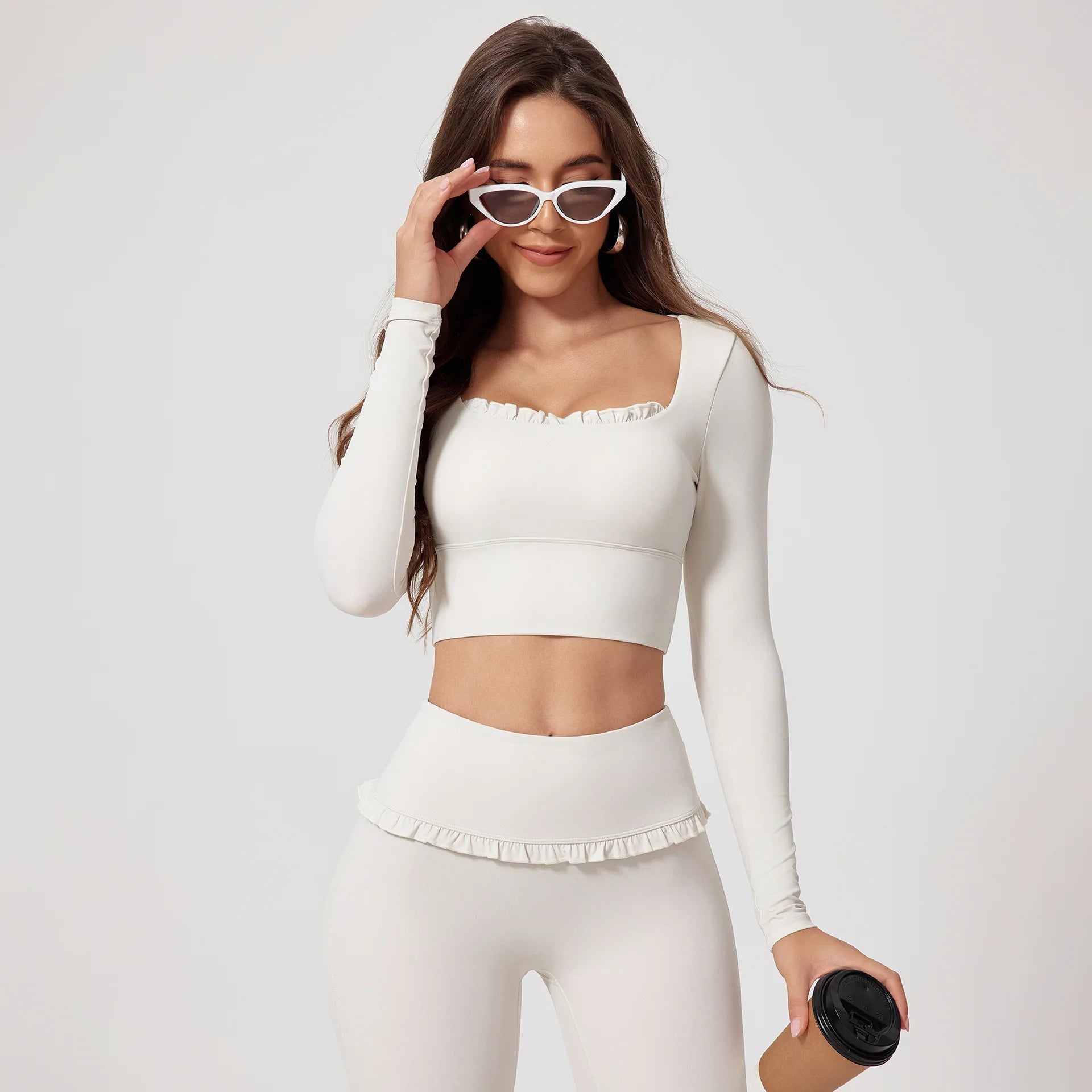 Women Shirts Long Sleeve for Yoga Crop Top Square Neck Workout Clothing with Chest Pads Fitness
