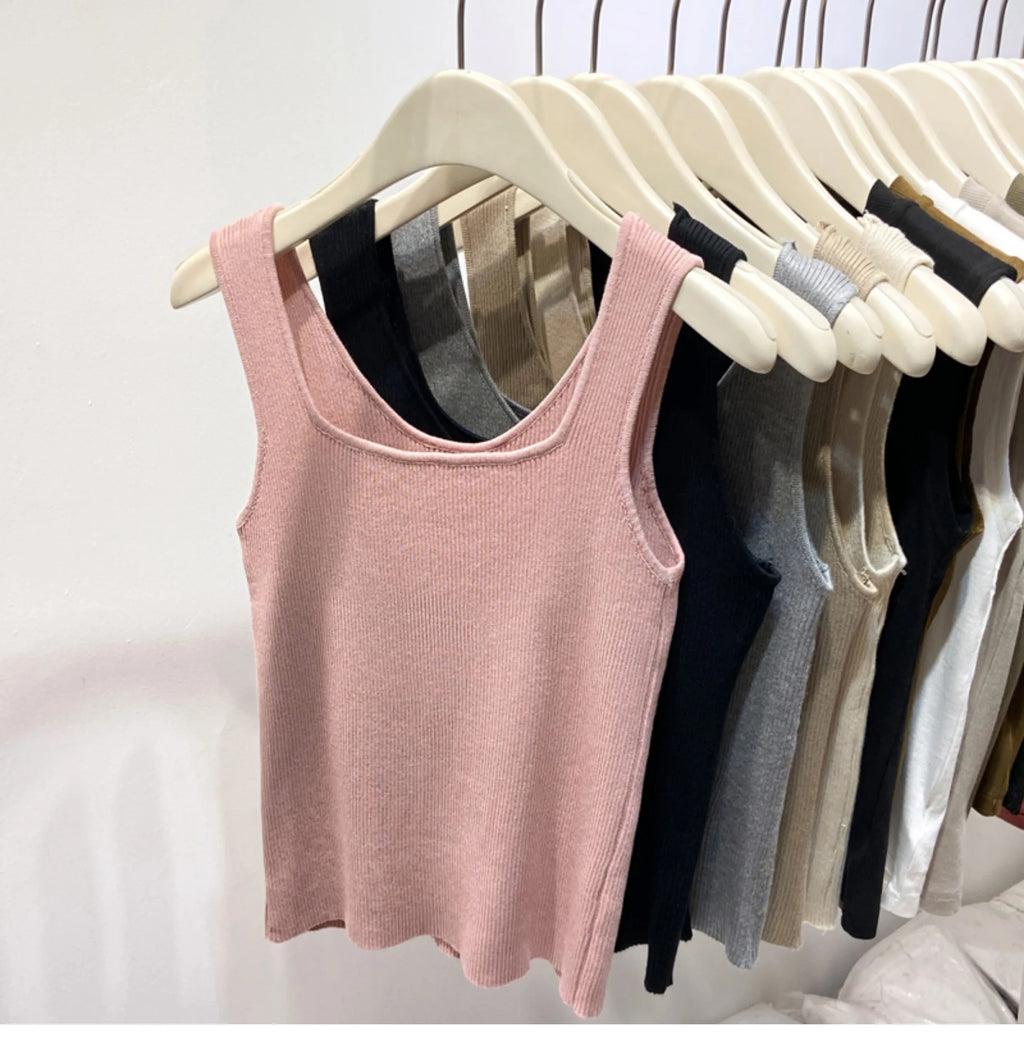 Knitted Strap Top With Clavicle Square Collar
