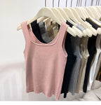 Knitted Strap Top With Clavicle Square Collar