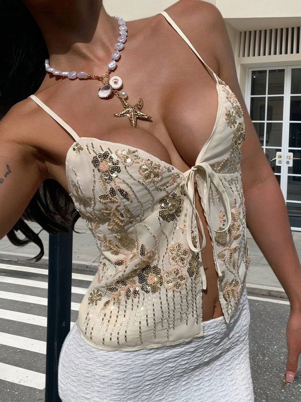 White Sequined Camisole Tank Top Slimming Sparkle Glam