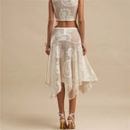 Women Paisley Lace Midi Skirt Sheer Mesh Asymmetrical Hem Flared Skirt High Waist See Through