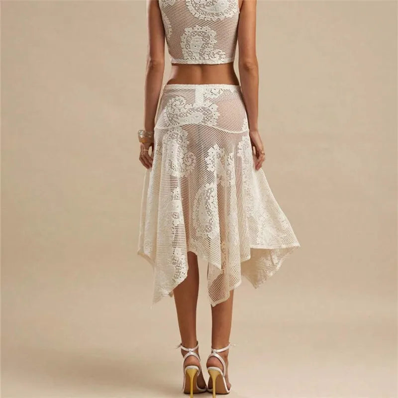Women Paisley Lace Midi Skirt Sheer Mesh Asymmetrical Hem Flared Skirt High Waist See Through