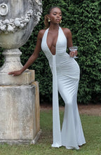 Deep V-Neck Backless Ruched Maxi Dress Halter Gown