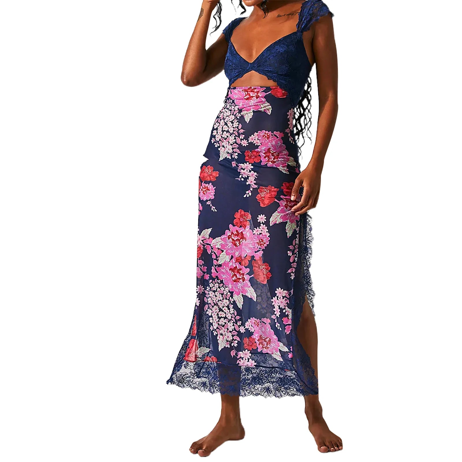 Floral Lace Patchwork Bodycon Dress Cutout Vneck Backless