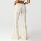 White Lace Sheer Flare Pants For Women Boho Style Elegant Casual Wide Leg Trousers