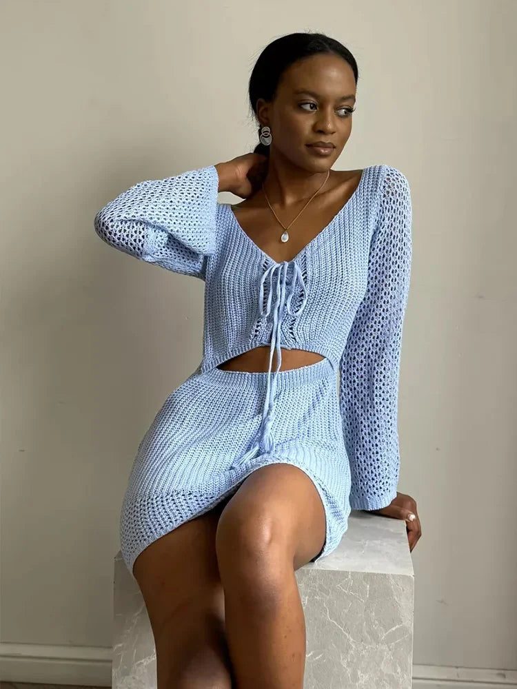 Knit Cutout Swim Cover Dress With V Neck And Lace Up Details Bell Sleeve