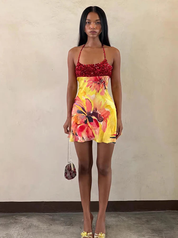 Floral Patchwork Mini Dress With Halter Backless Design