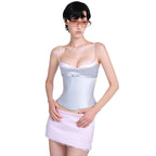 Sweet 2-Piece Set Women Patchwork Bow Decoration Low-Neck Camisole+Jacquard Mini Skirt