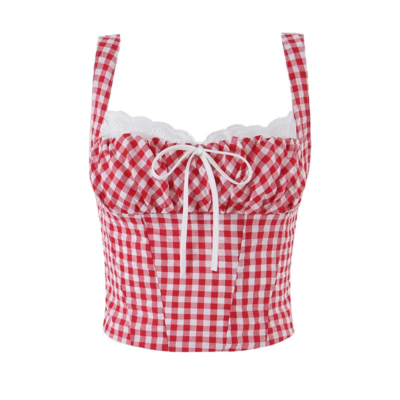 Red Plaid Corset Camis Lace Trim Bow Detail Bustier Sexy Top