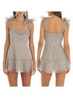 Double Layer Backless Cami Dress With Floral Print And Tie Up Shoulder Straps Mini Length