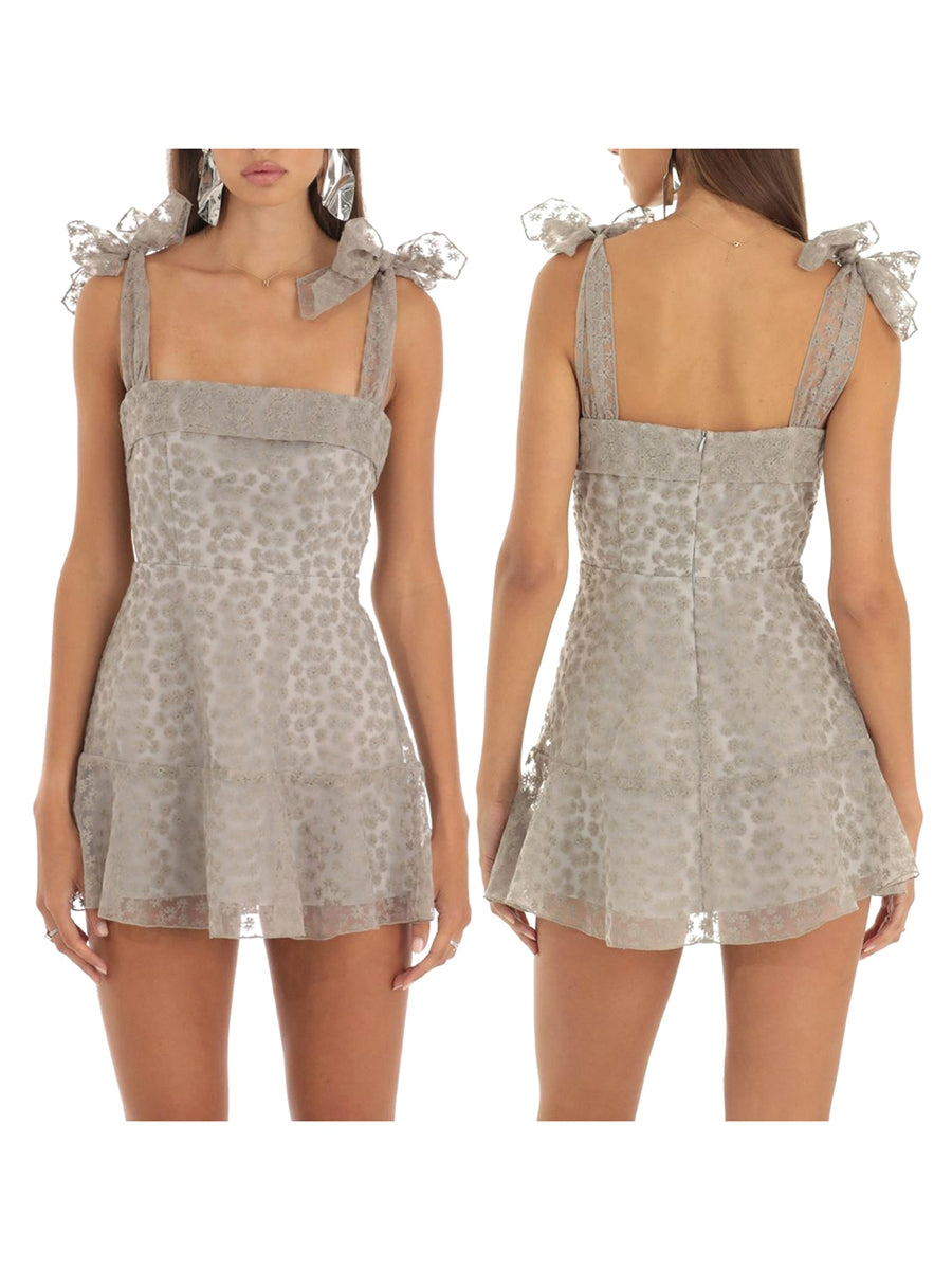 Double Layer Backless Cami Dress With Floral Print And Tie Up Shoulder Straps Mini Length