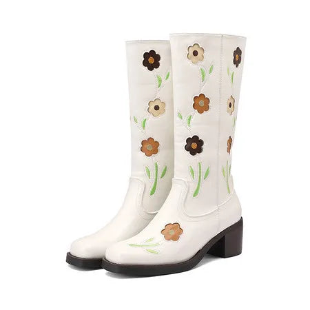 Floral Embroidered Block Heel Boots