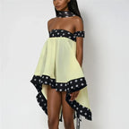 Polka Dot Patchwork Dress With Ruffled Hem Slash Neck Sleeveless Backless Chic Bodycon