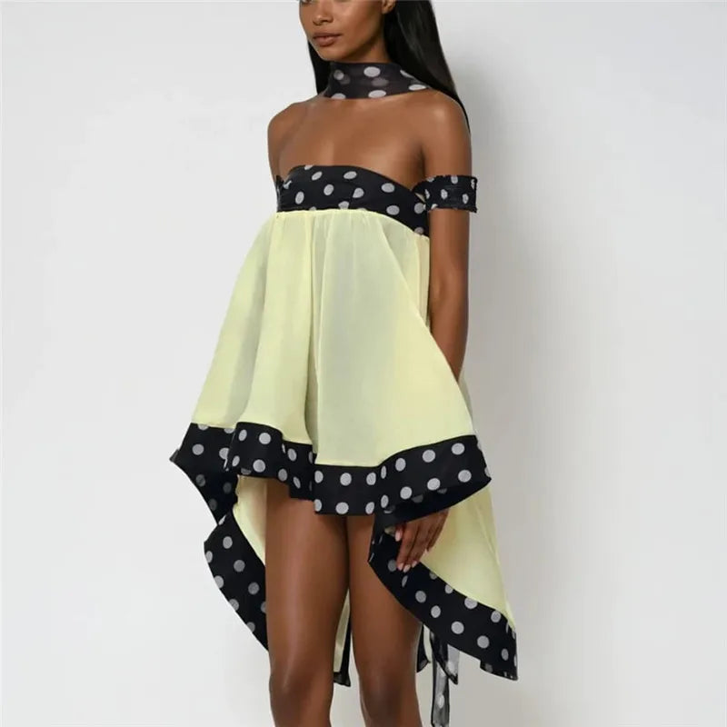 Polka Dot Patchwork Dress With Ruffled Hem Slash Neck Sleeveless Backless Chic Bodycon
