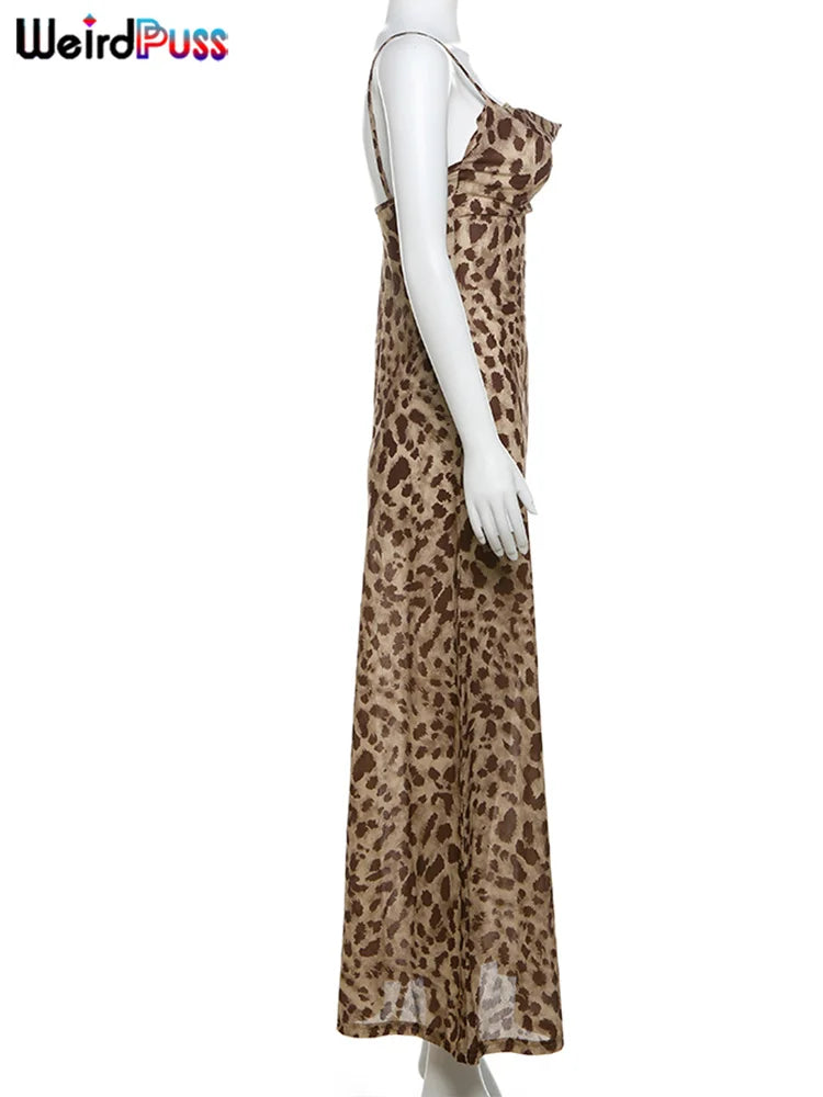 Leopard Print Spaghetti Strap Backless Dress With Ruffle Hem