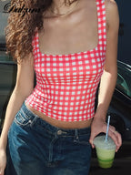 Square Collar Plaid Tank Top Sleeveless