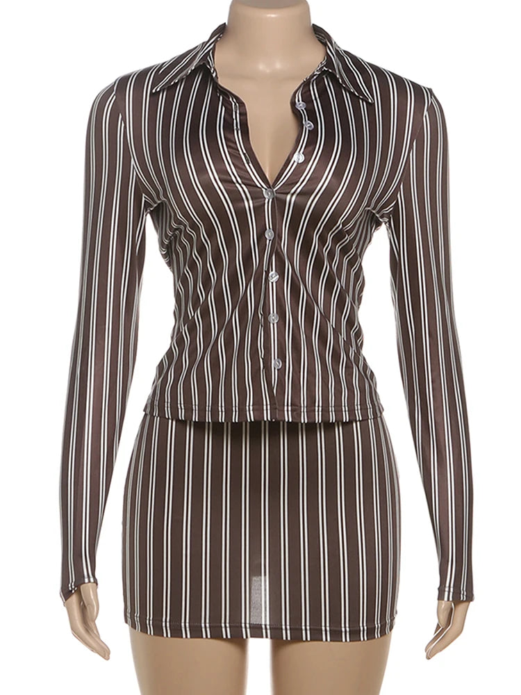 Stripe Print two piece Set With Crop Blouse And Hip Skirt