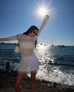 Pearl Crochet Mini Dress With Long Sleeve Knit Cover Up