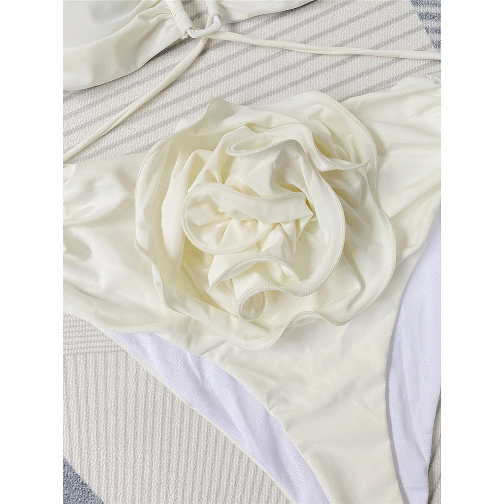 Floral 3D Detail Bikini Swimsuit With High Waist And Wrinkled Texture For Beach Days